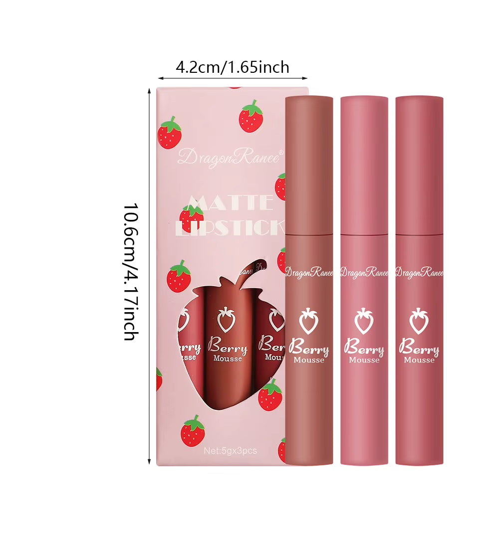 3 Pcs Strawberry Lip Glaze Set Velvet Matte Liquid Lipstick Lipstick Non Stick Cup