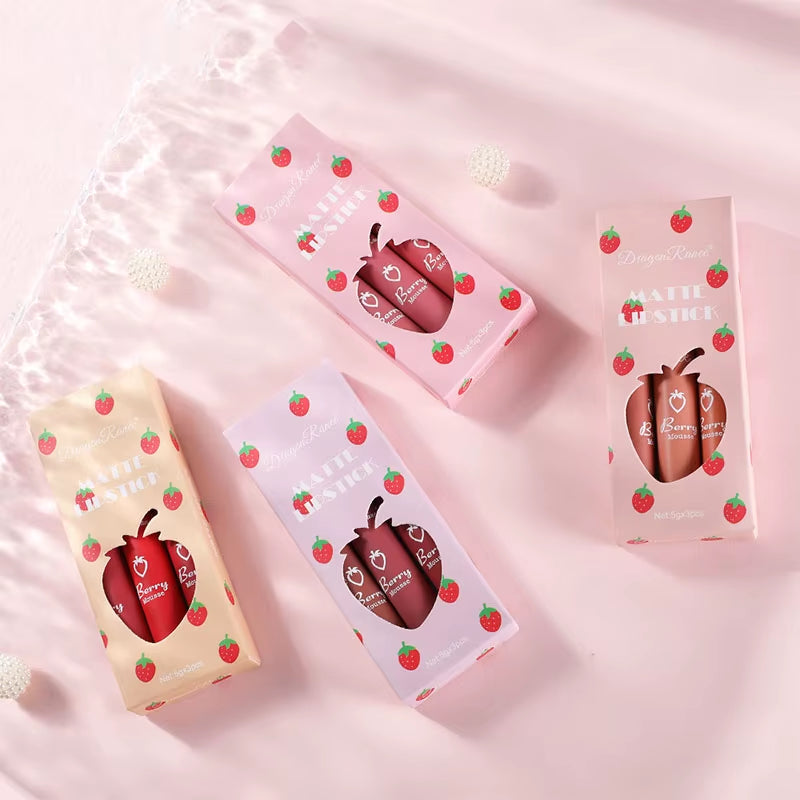 3 Pcs Strawberry Lip Glaze Set Velvet Matte Liquid Lipstick Lipstick Non Stick Cup