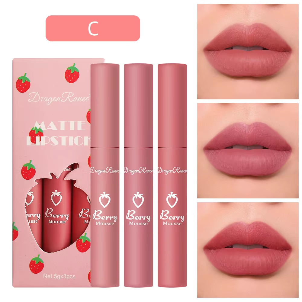 3 Pcs Strawberry Lip Glaze Set Velvet Matte Liquid Lipstick Lipstick Non Stick Cup