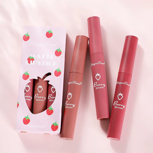 3 Pcs Strawberry Lip Glaze Set Velvet Matte Liquid Lipstick Lipstick Non Stick Cup