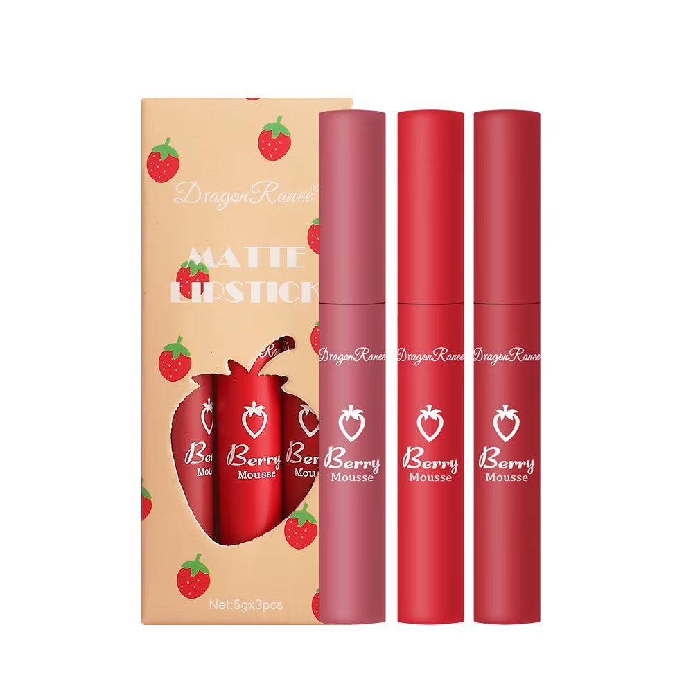 3 Pcs Strawberry Lip Glaze Set Velvet Matte Liquid Lipstick Lipstick Non Stick Cup