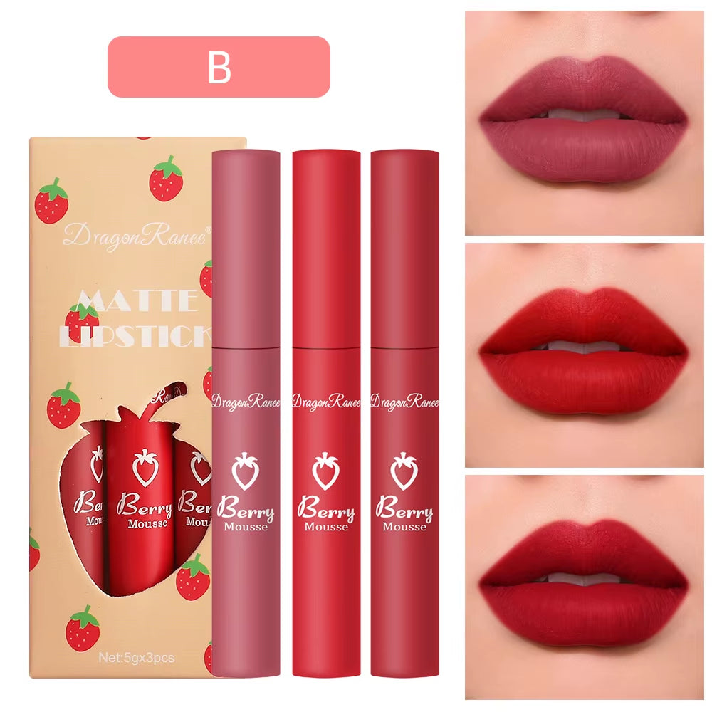 3 Pcs Strawberry Lip Glaze Set Velvet Matte Liquid Lipstick Lipstick Non Stick Cup